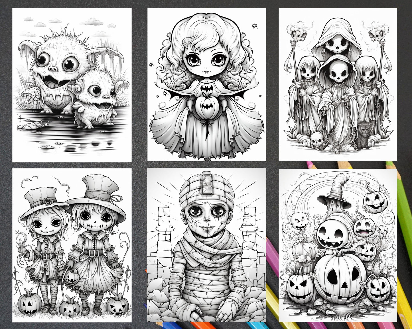 40 Halloween Creepy Kawaii Grayscale Coloring Pages for Adults and Kids, Printable PDF File Instant Download