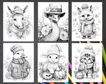 40 Cute Fall Animals Grayscale Coloring Pages Printable for Adults and Kids, PDF File Instant Download