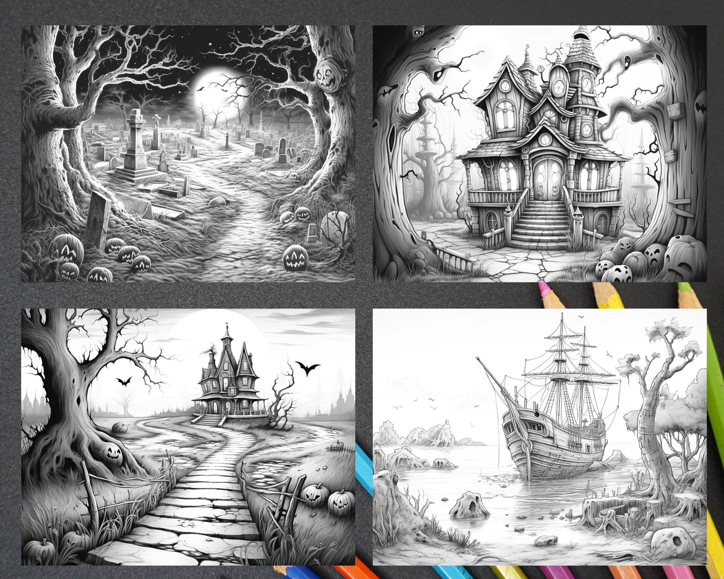 40 Halloween Landscapes Grayscale Coloring Pages Printable for Adults, PDF File Instant Download