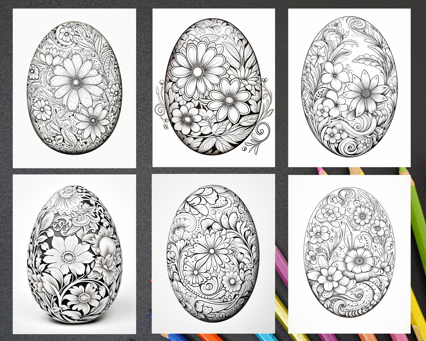 45 Easter Egg Grayscale Adult Coloring Pages, Printable PDF Instant Download