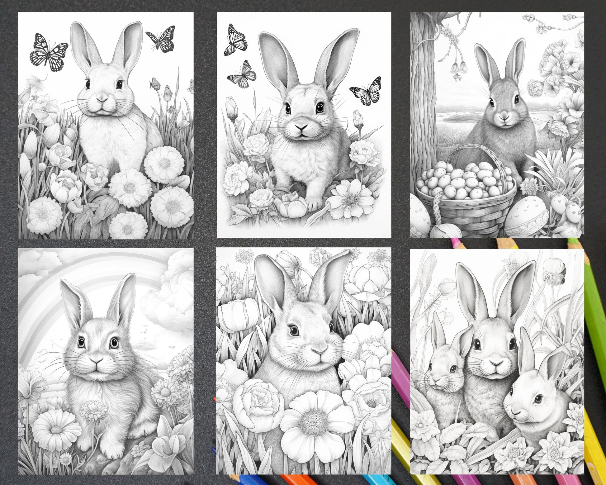 40 Easter Bunny Grayscale Adult Coloring Pages, Printable PDF Instant Download