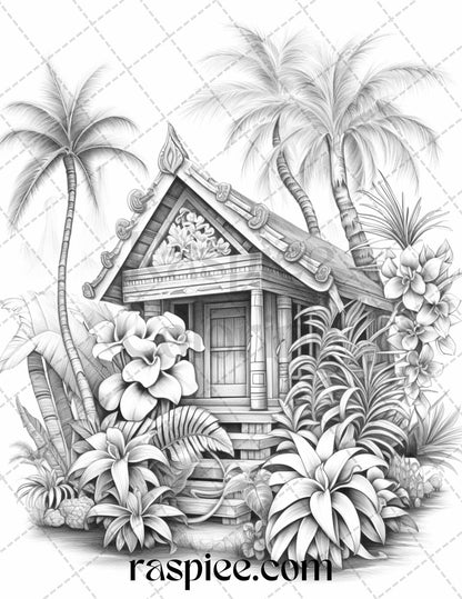 40 Hawaii Tiki Houses Grayscale Coloring Pages Printable for Adults, PDF File Instant Download