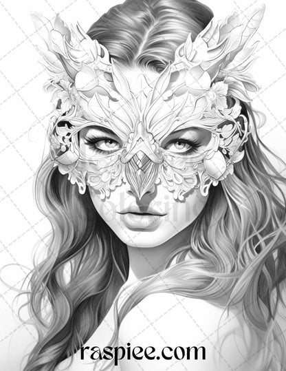 40 Masquerade Girls Grayscale Coloring Pages Printable for Adults, PDF File Instant Download