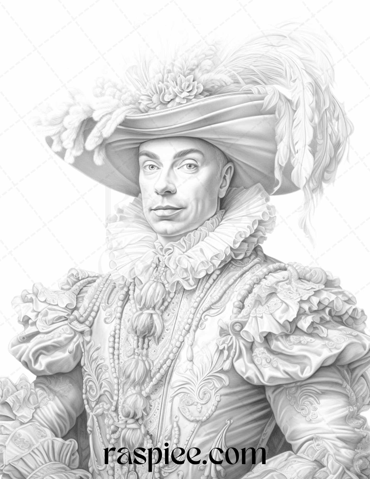 50 Baroque Man Portrait Grayscale Graysale Coloring Pages Printable for Adults, PDF File Instant Download