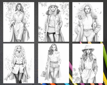 40 Fall Fashion Grayscale Coloring Pages for Adults, Printable PDF File Instant Download