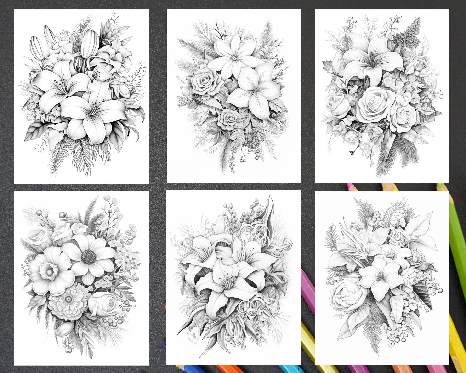 45 Christmas Flowers Grayscale Coloring Pages Printable for Adults, PDF File Instant Download