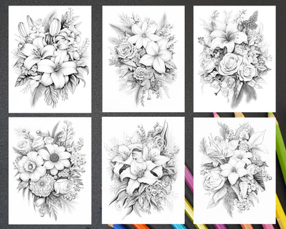 45 Christmas Flowers Grayscale Coloring Pages Printable for Adults, PDF File Instant Download