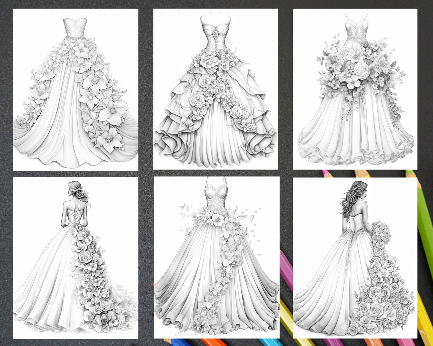 40 Elegant Floral Wedding Dresses Grayscale Coloring Pages Printable for Adults, PDF File Instant Download