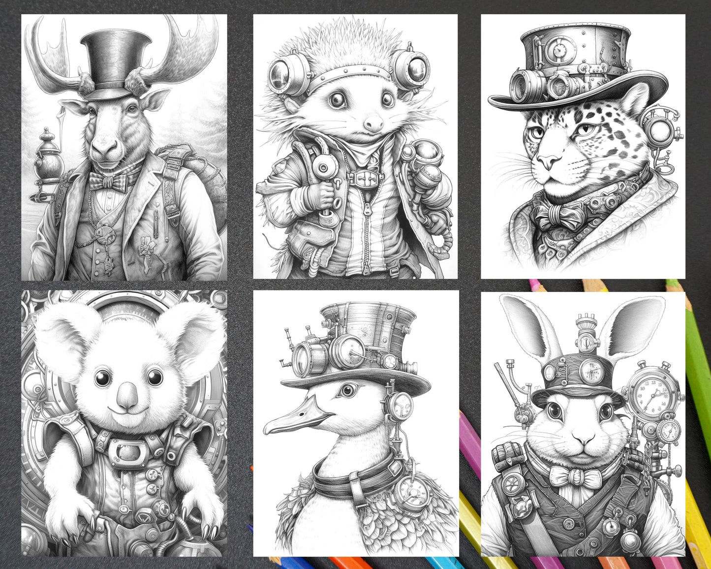 45 Steampunk Animals Grayscale Coloring Pages Printable for Adults Vol. 2, PDF File Instant Download