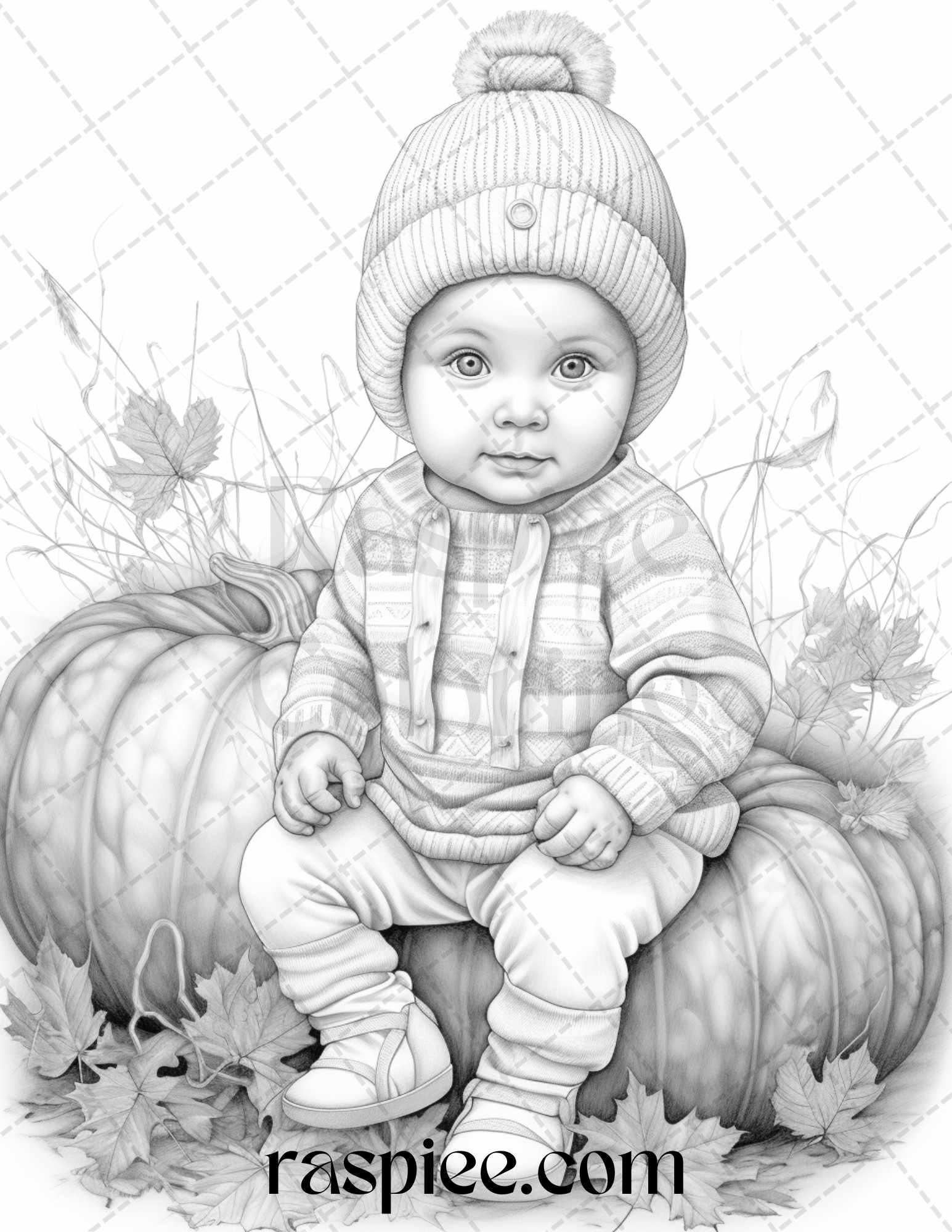 40 Pumpkin Babies Grayscale Coloring Pages for Adults and Kids, Printable PDF File Instant Download