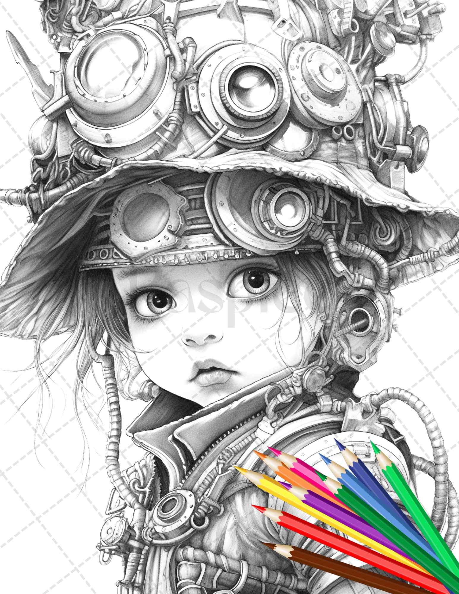 31 Adorable Steampunk Girls Coloring Pages Printable for Adults, Grayscale Coloring Page, PDF File Instant Download