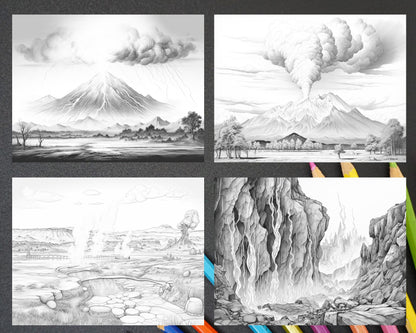 44 Volcanic Landscapes Grayscale Adult Coloring Pages, Printable PDF Instant Download