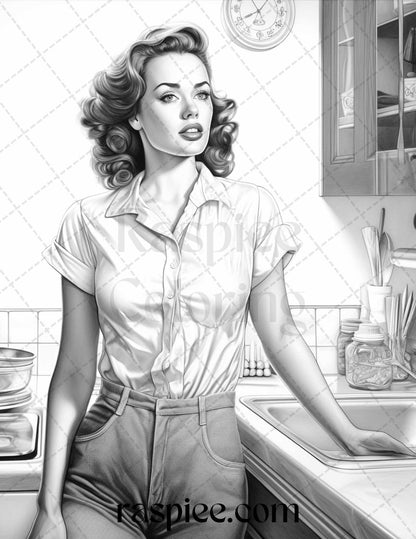 40 Retro Housewives Grayscale Coloring Pages for Adults, Printable PDF File Instant Download