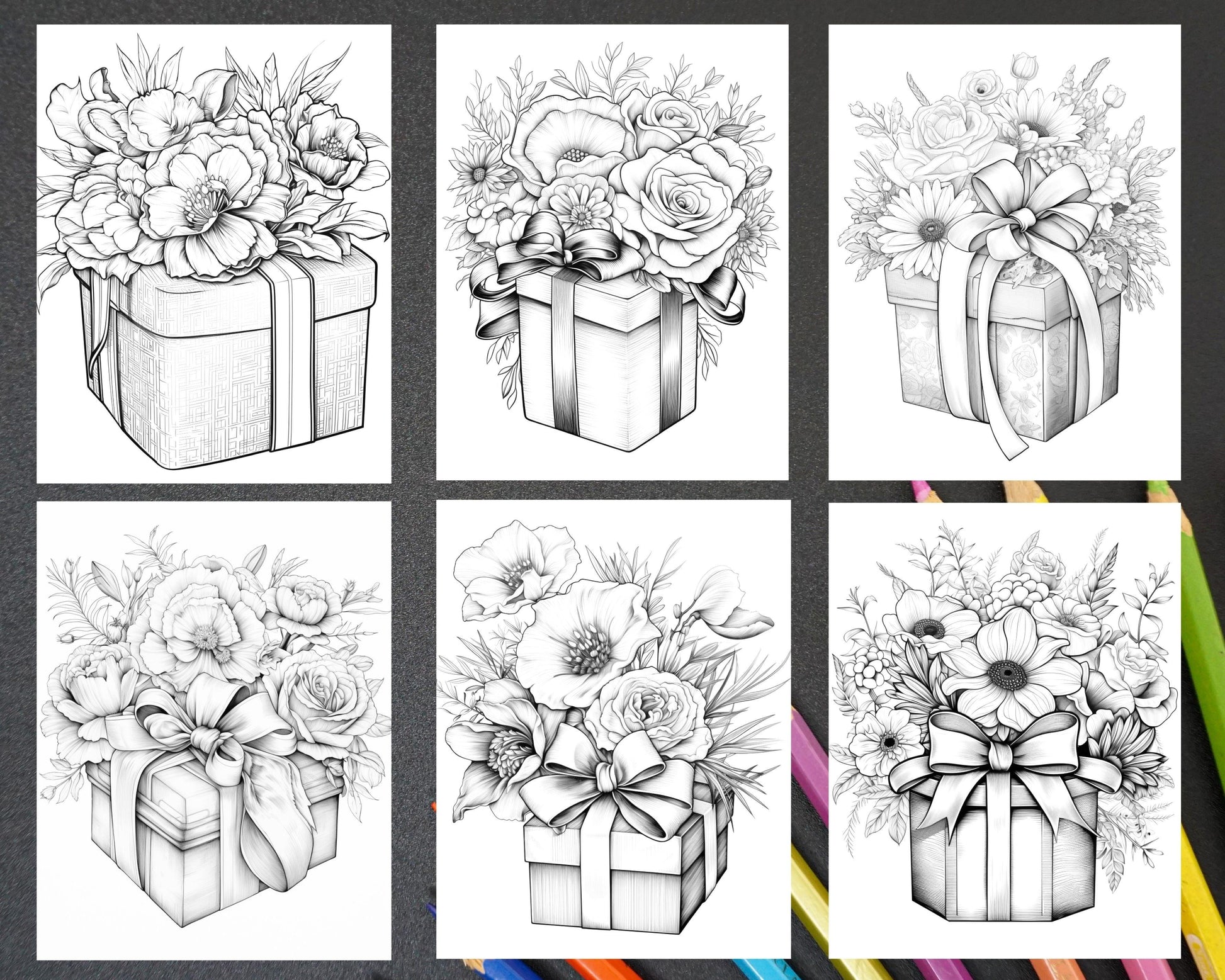 40 Flower Gift Box Grayscale Coloring Pages Printable for Adults Kids, PDF File Instant Download