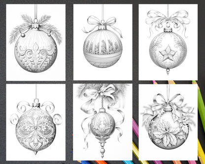 40 Christmas Balls Grayscale Coloring Pages Printable for Adults, PDF File Instant Download