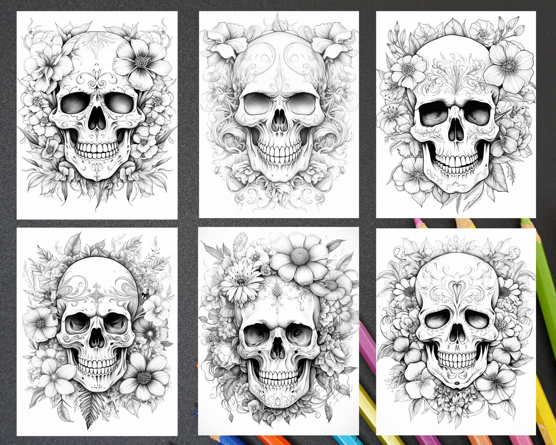 42 Floral Skull Grayscale Coloring Pages for Adults, Stress Relief Coloring Sheets, Printable PDF File Instant Download