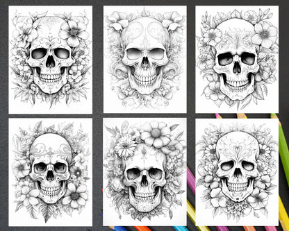 42 Floral Skull Grayscale Coloring Pages for Adults, Stress Relief Coloring Sheets, Printable PDF File Instant Download