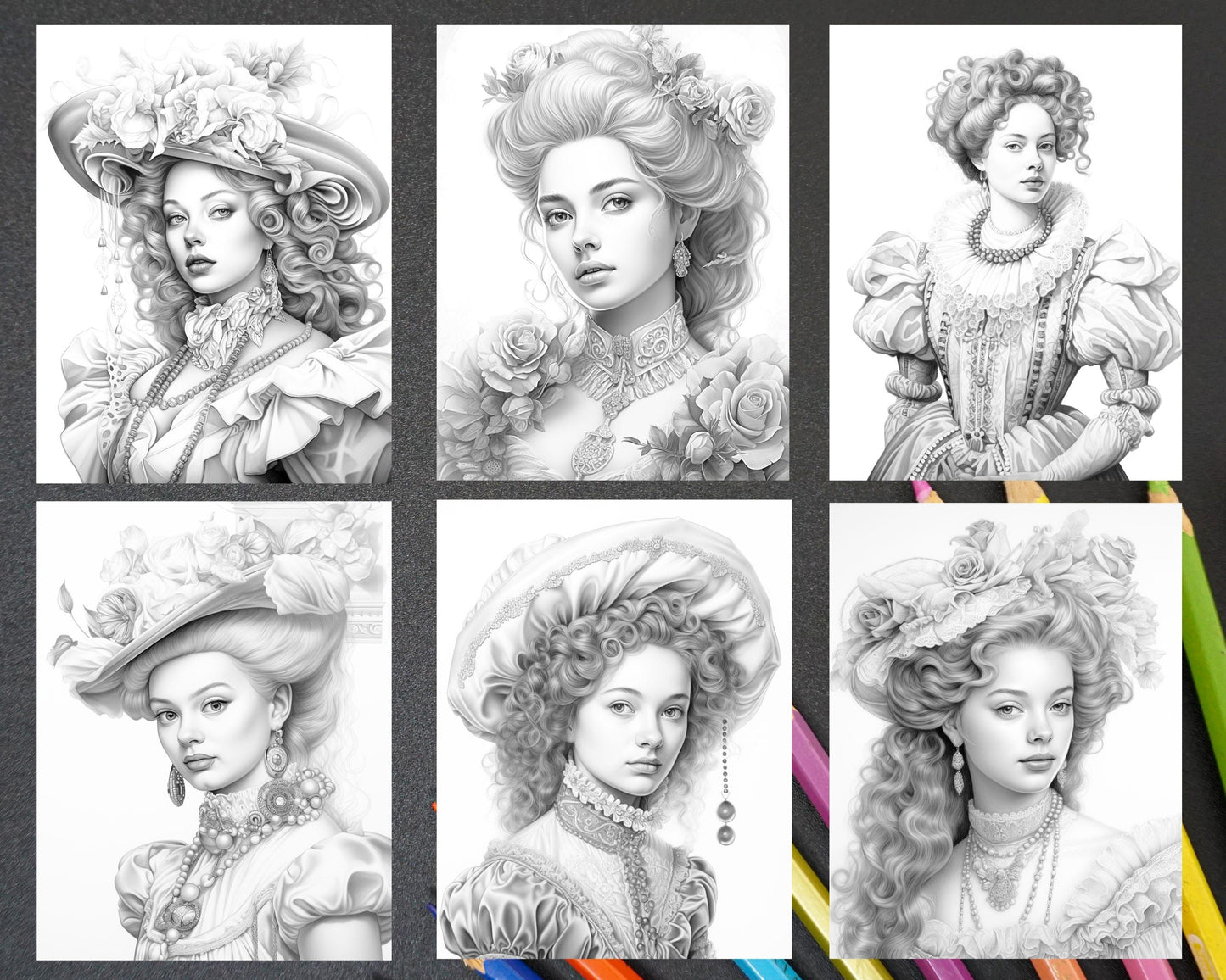 40 Baroque Women Portrait Grayscale Adult Coloring Pages Printable, PDF File Instant Download