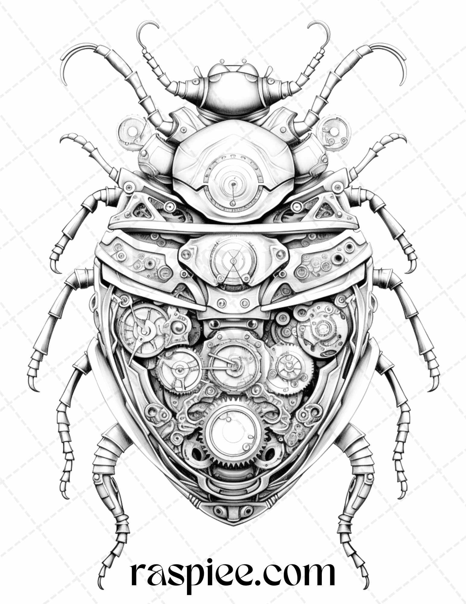 42 Steampunk Bugs Grayscale Coloring Pages Printable for Adults, PDF File Instant Download