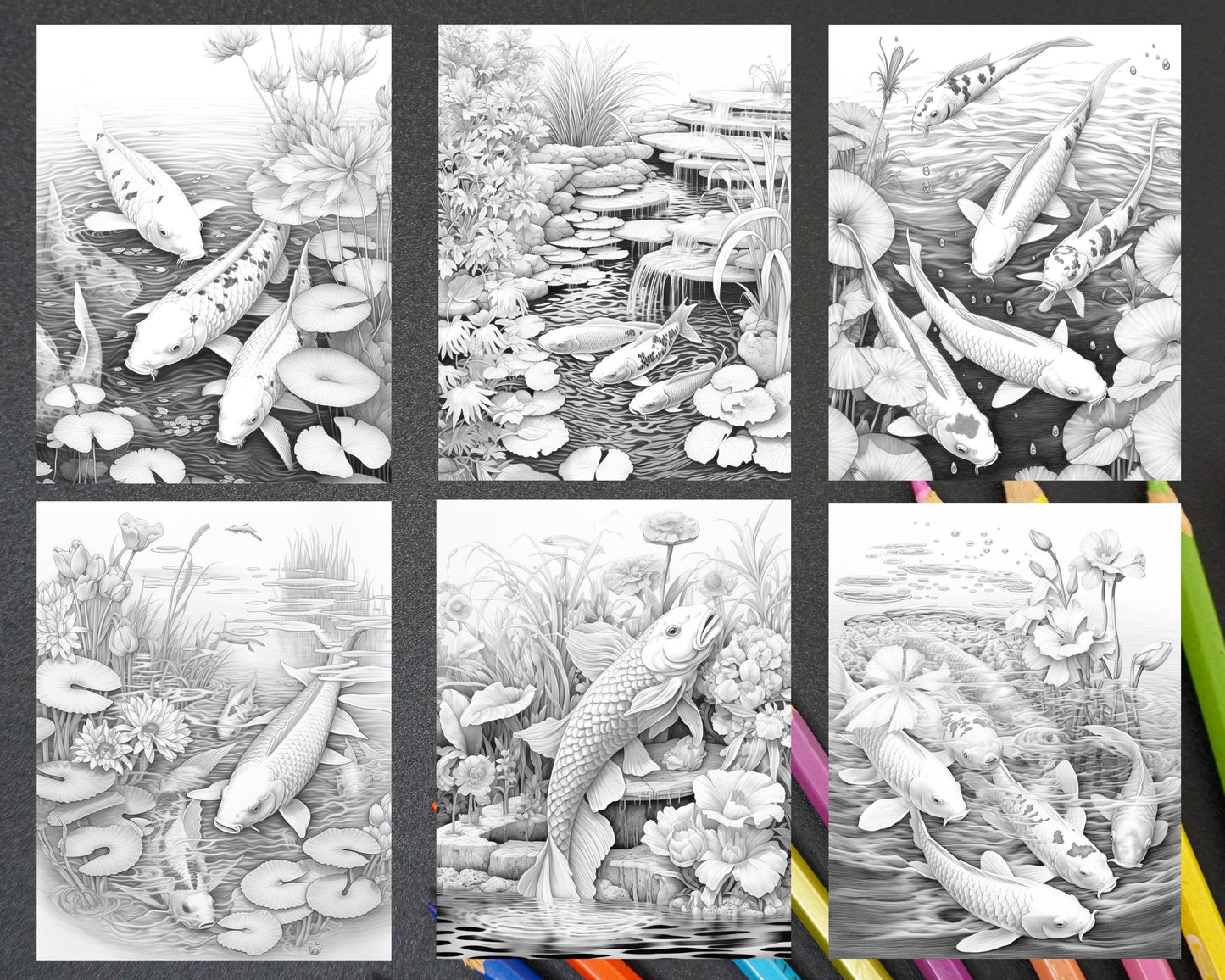 40 Tranquil Koi Pond Grayscale Adult Coloring Pages, Printable PDF Instant Download