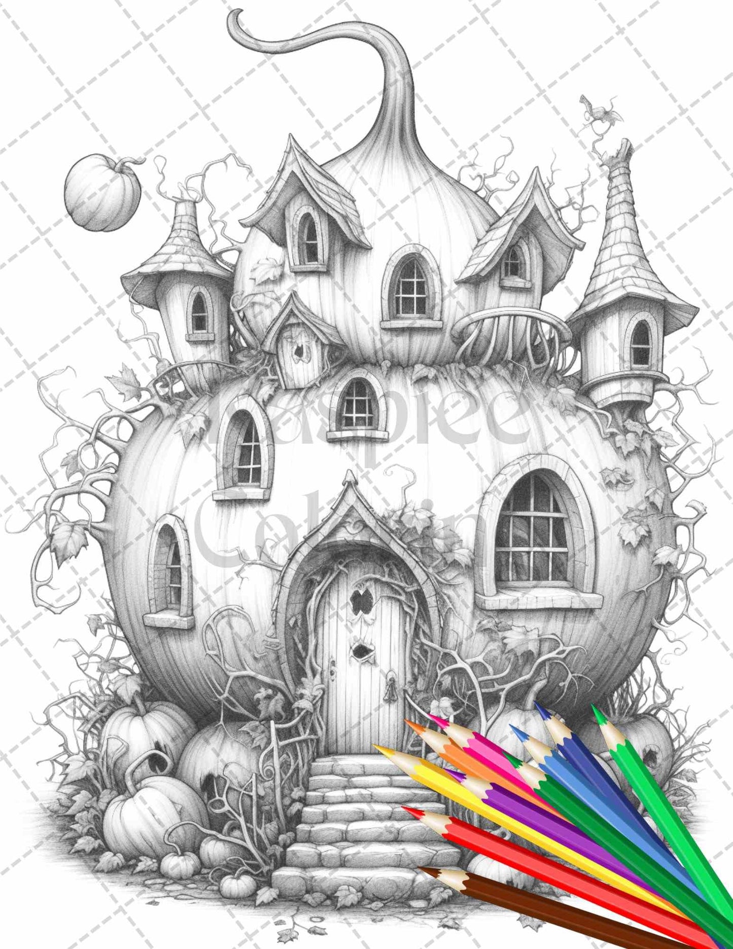 40 Pumpkin Fairy Houses Grayscale Coloring Pages Printable for Adults, PDF File Instant Download