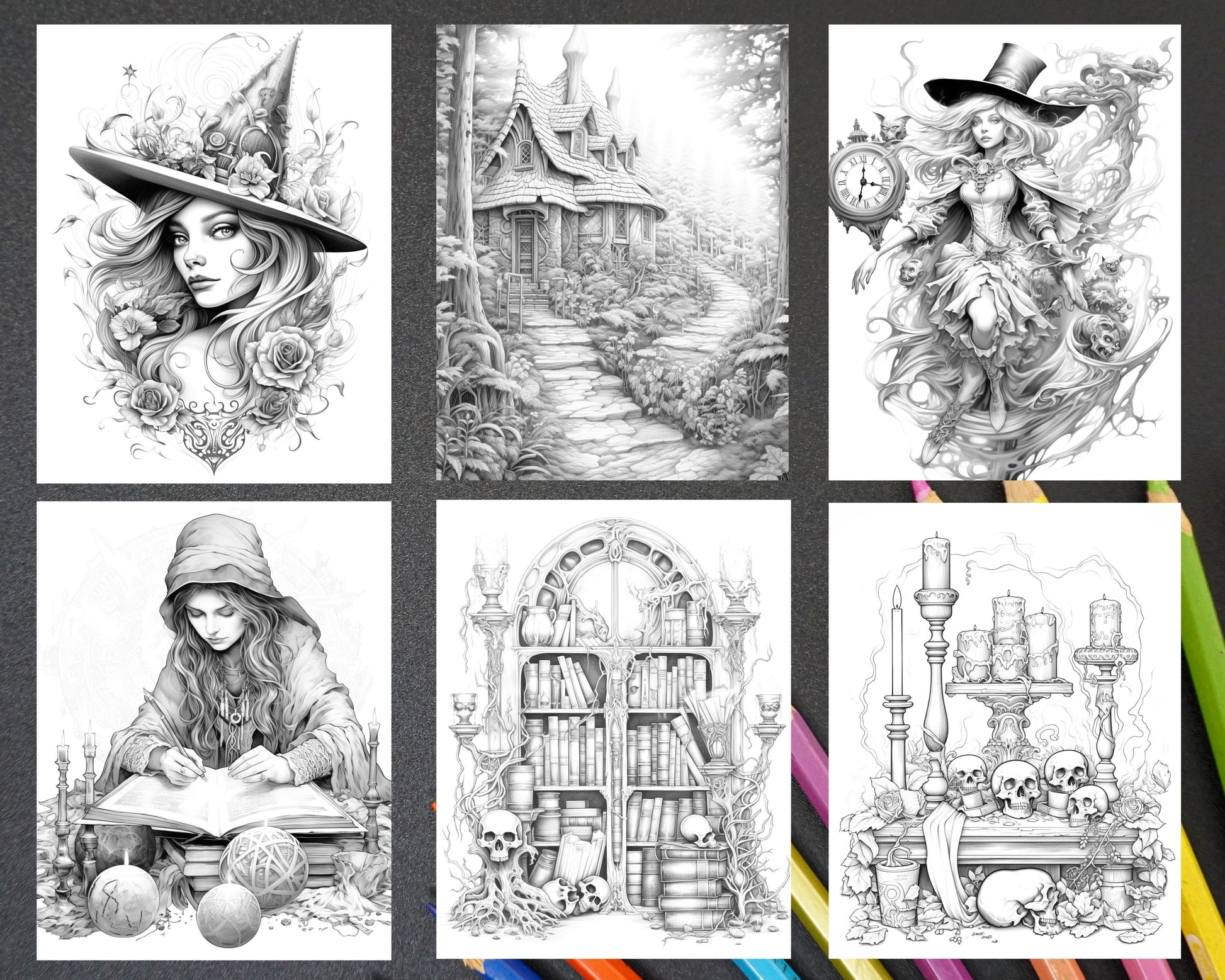 40 Witchy Land Grayscale Coloring Pages Printable for Adults, PDF File Instant Download