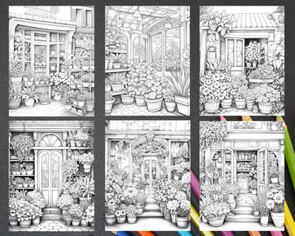 45 Flower Store Front Grayscale Coloring Pages Printable for Adults, PDF File Instant Download