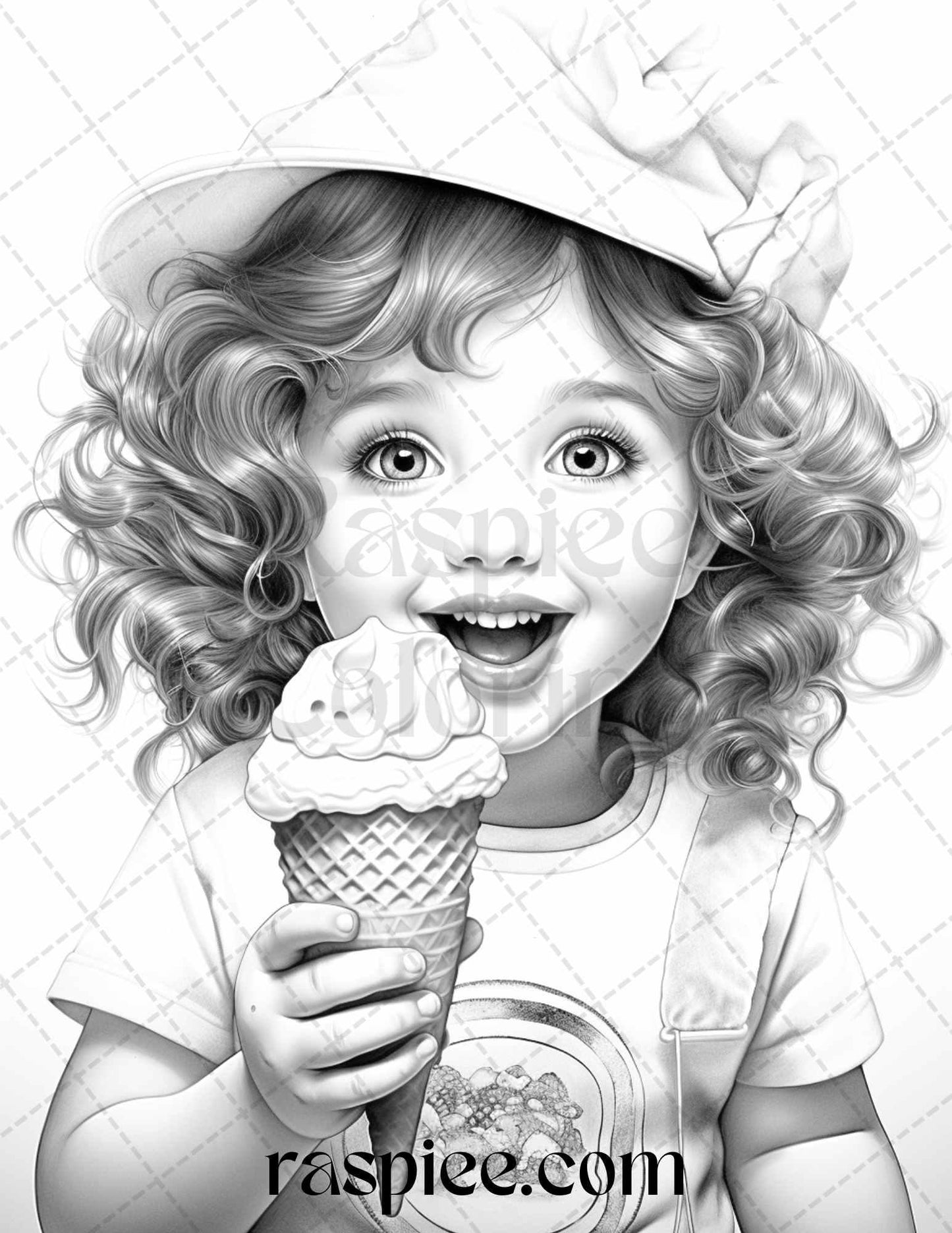 42 Adorable Girls with Ice Cream Grayscale Coloring Pages Printable for Adults Kids, PDF File Instant Download