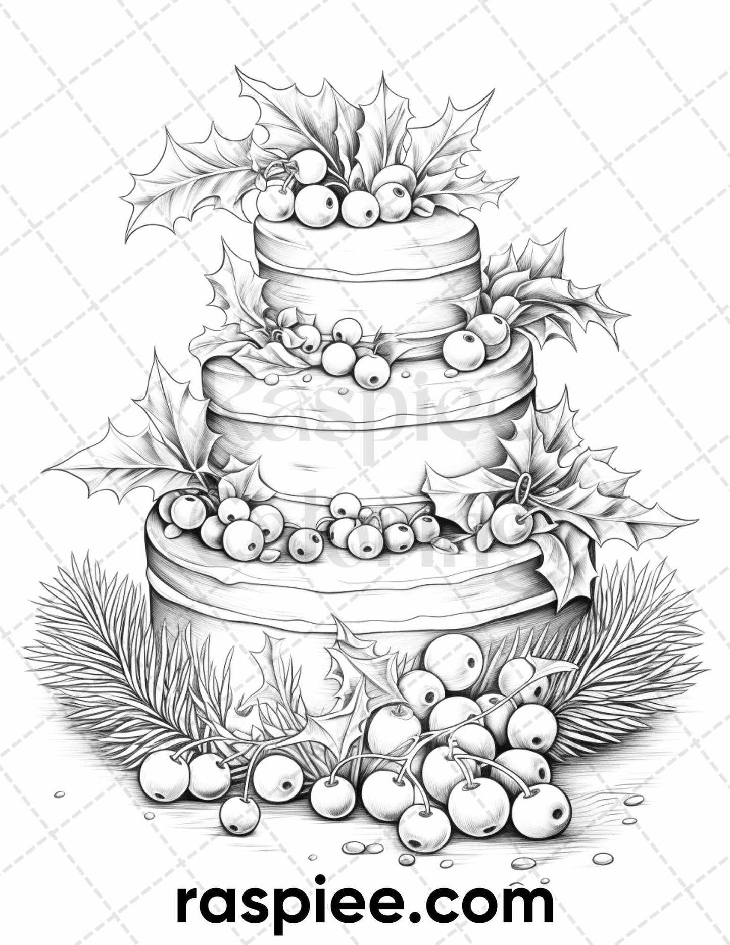 45 Christmas Cakes Grayscale Coloring Pages for Adults, Printable PDF File Instant Download