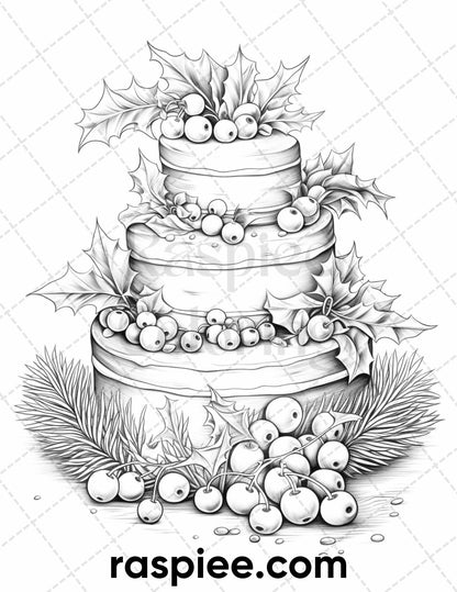 45 Christmas Cakes Grayscale Coloring Pages for Adults, Printable PDF File Instant Download