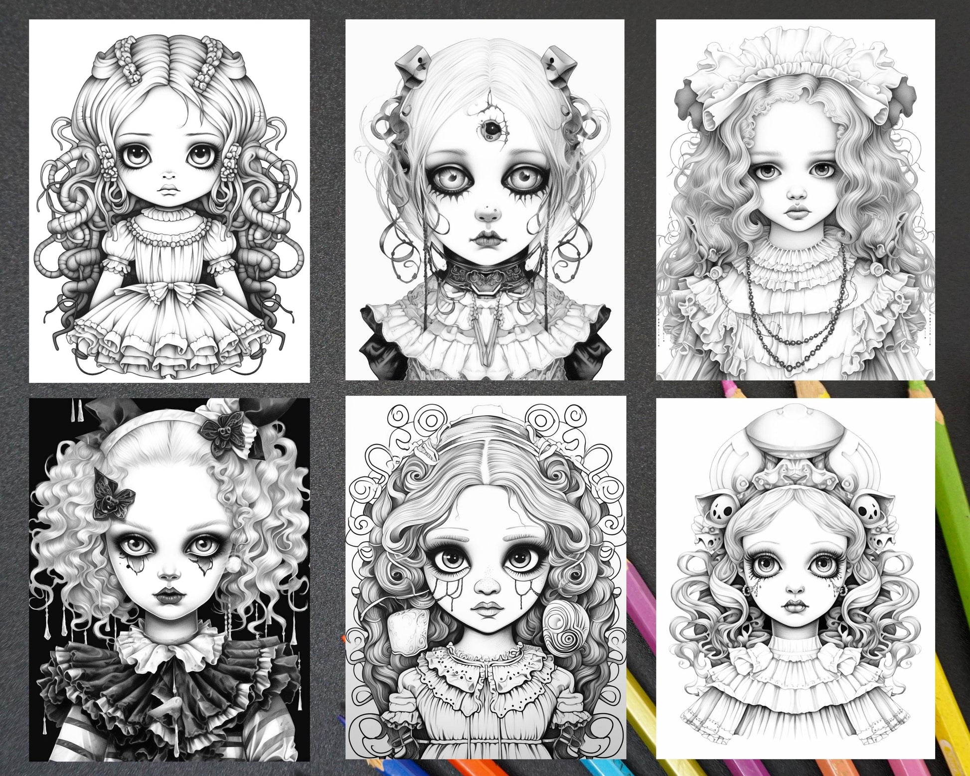 40 Creepy Porcelain Dolls Grayscale Coloring Pages for Adults, PDF File Instant Download