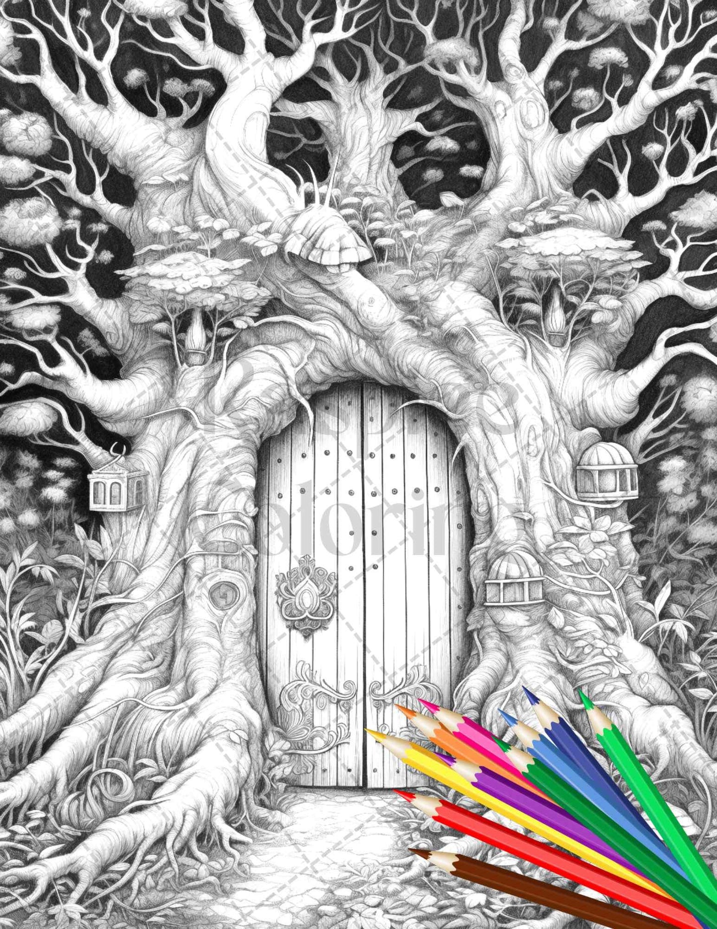 40 Magical Forest Gates Grayscale Coloring Pages Printable for Adults, PDF File Instant Download