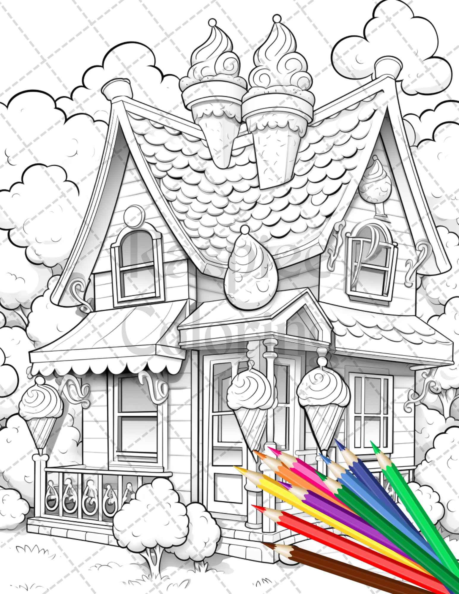 33 Ice Cream Houses Grayscale Coloring Pages Printable for Adults and Kids, PDF File Instant Download