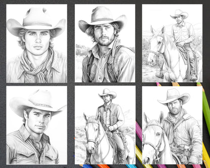 45 Wild West Cowboys Grayscale Coloring Pages Printable for Adults, PDF File Instant Download