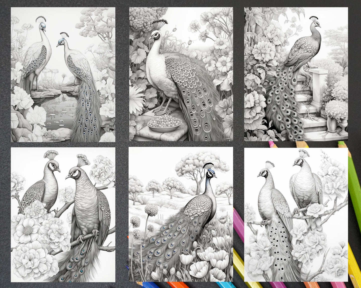 40 Majestic Peacocks Grayscale Adult Coloring Pages, Printable PDF Instant Download