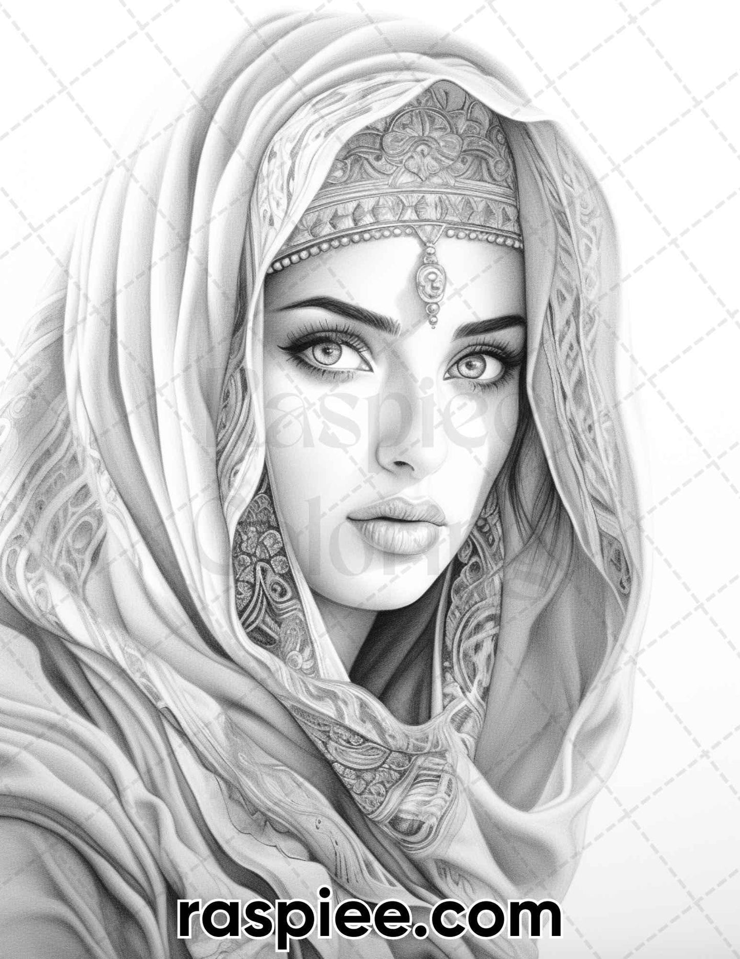 42 Arabian Woman Portrait Gayscale Coloring Pages for Adults, Printable PDF Instant Download