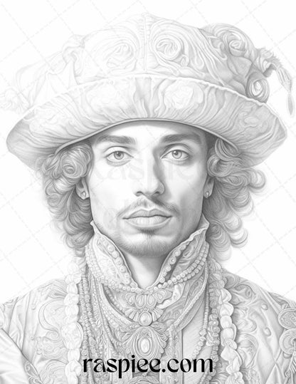 50 Baroque Man Portrait Grayscale Graysale Coloring Pages Printable for Adults, PDF File Instant Download