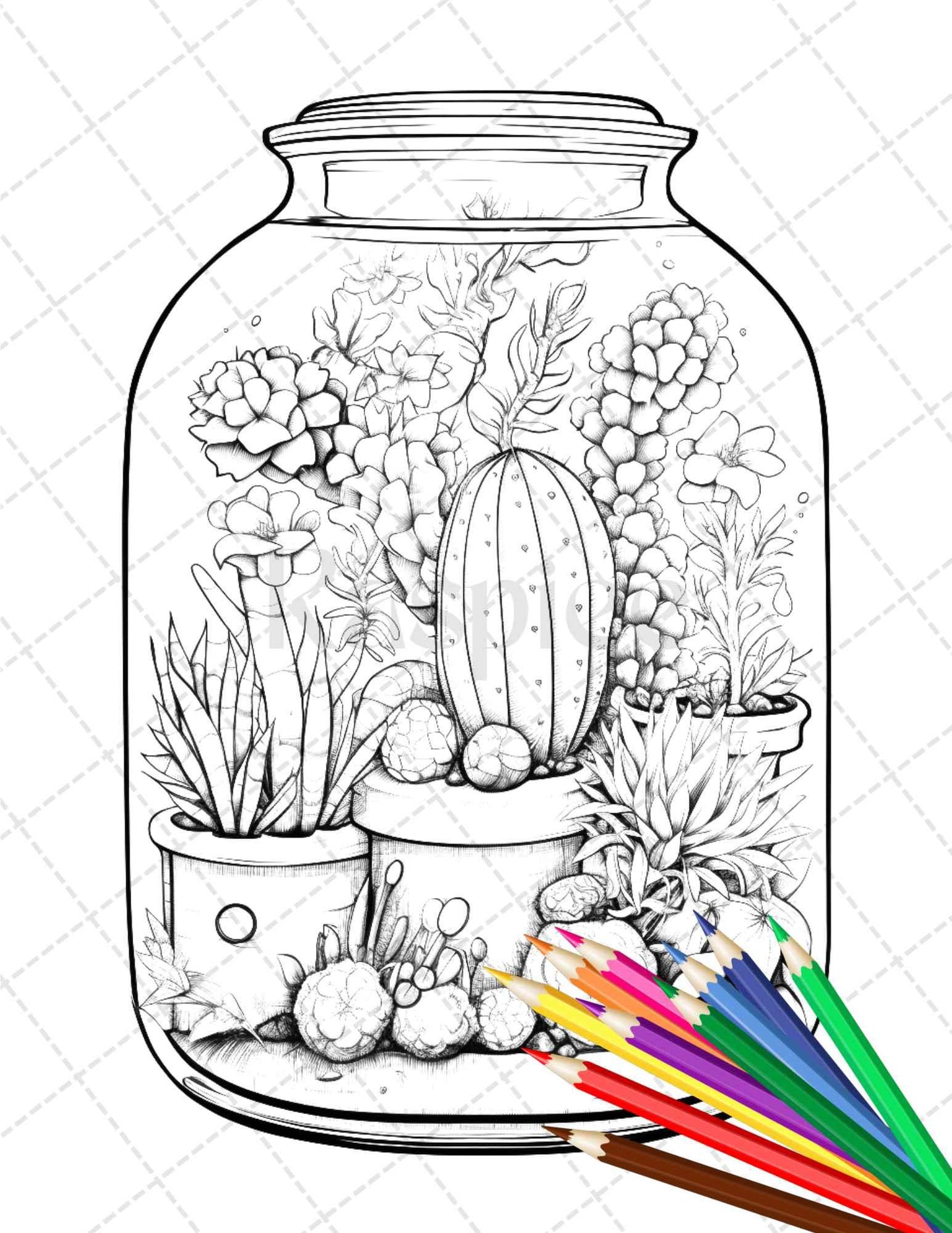 34 Enchanted Terrarium Grayscale Coloring Pages Printable for Adults, PDF File Instant Download