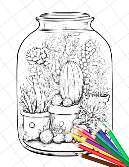 34 Enchanted Terrarium Grayscale Coloring Pages Printable for Adults, PDF File Instant Download