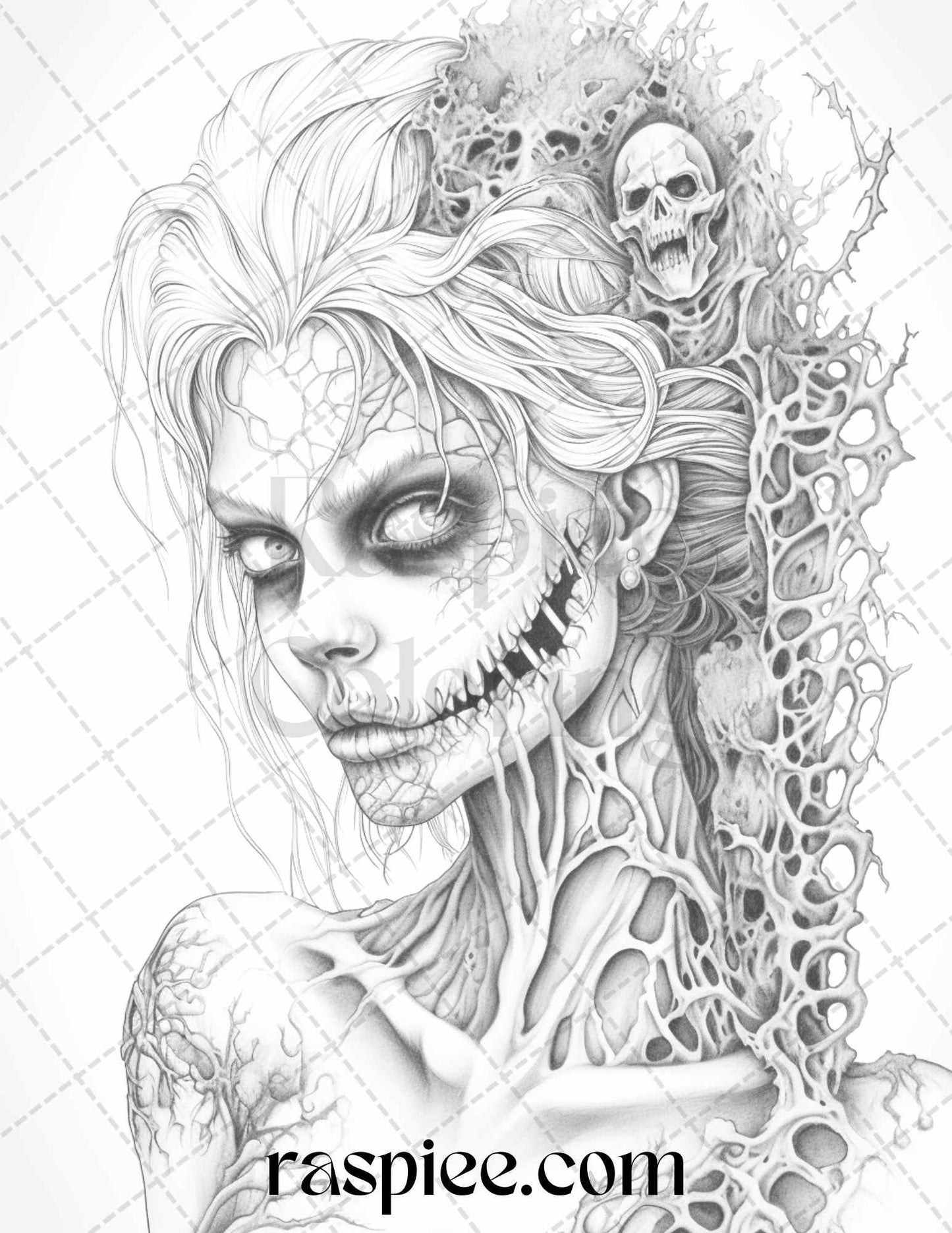 40 Scary Zombie Girls Grayscale Coloring Pages Printable for Adults, PDF File Instant Download