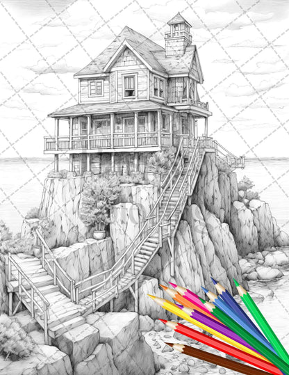 42 Wooden Beach Houses Grayscale Coloring Pages Printable for Adults, PDF File Instant Download