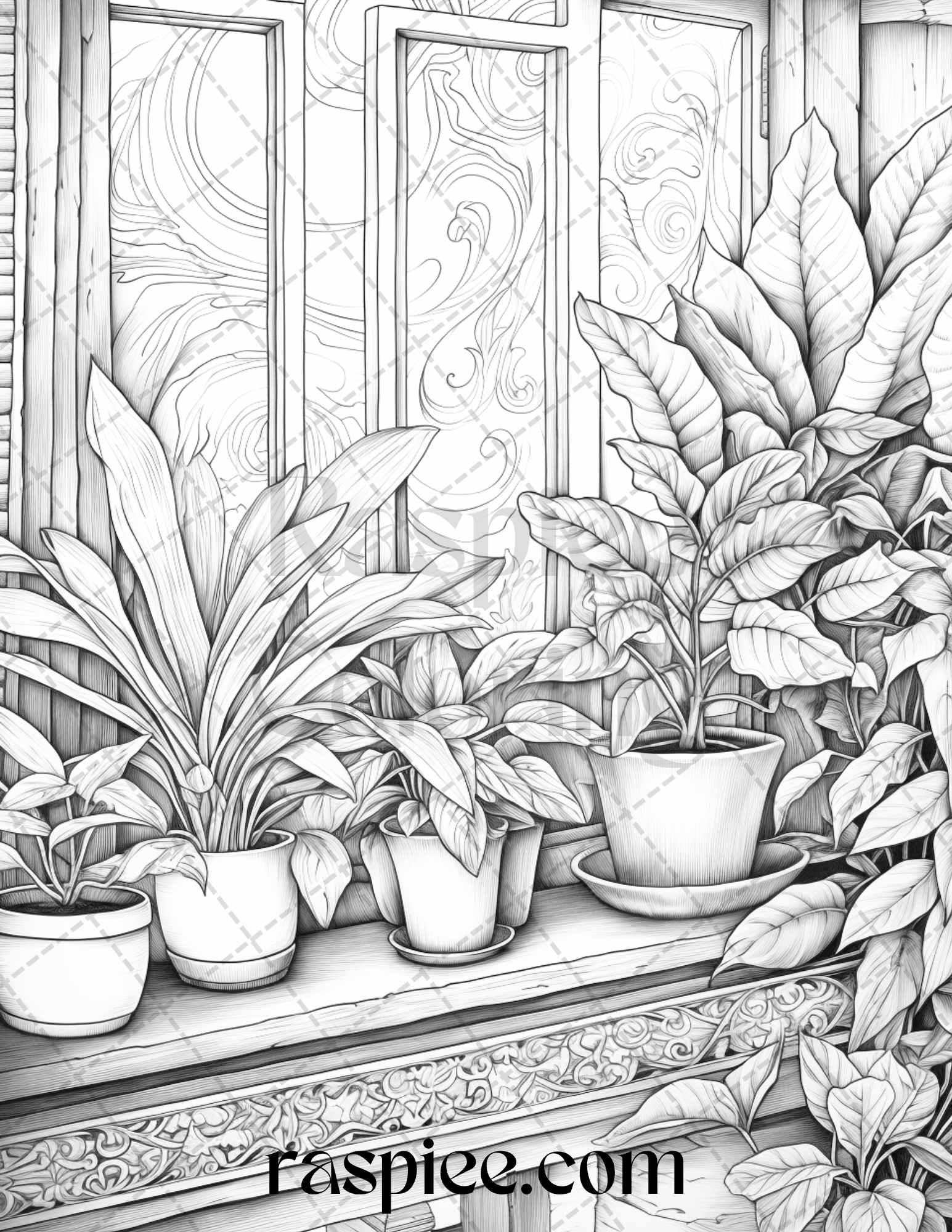 40 Window Plants Grayscale Coloring Pages Printable for Adults, PDF File Instant Download