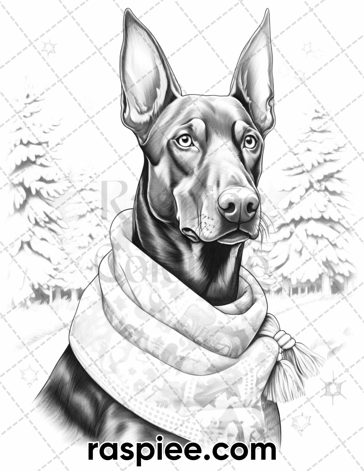 45 Christmas Dogs Grayscale Coloring Pages for Adults, Printable PDF Instant Download