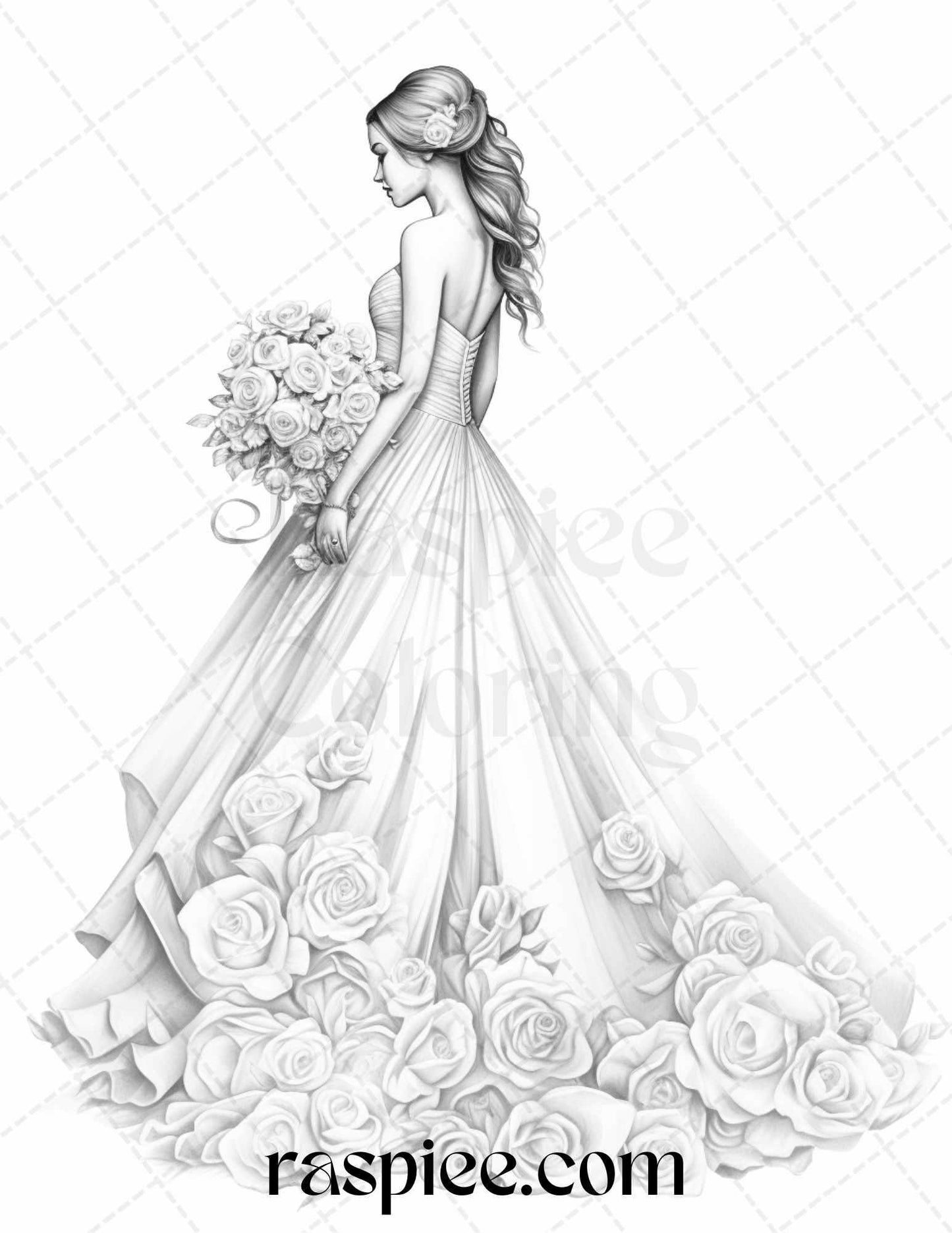 40 Elegant Floral Wedding Dresses Grayscale Coloring Pages Printable for Adults, PDF File Instant Download