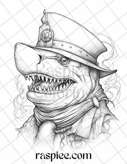 40 Pirate Animals Grayscale Coloring Pages Printable for Adults, PDF File Instant Download