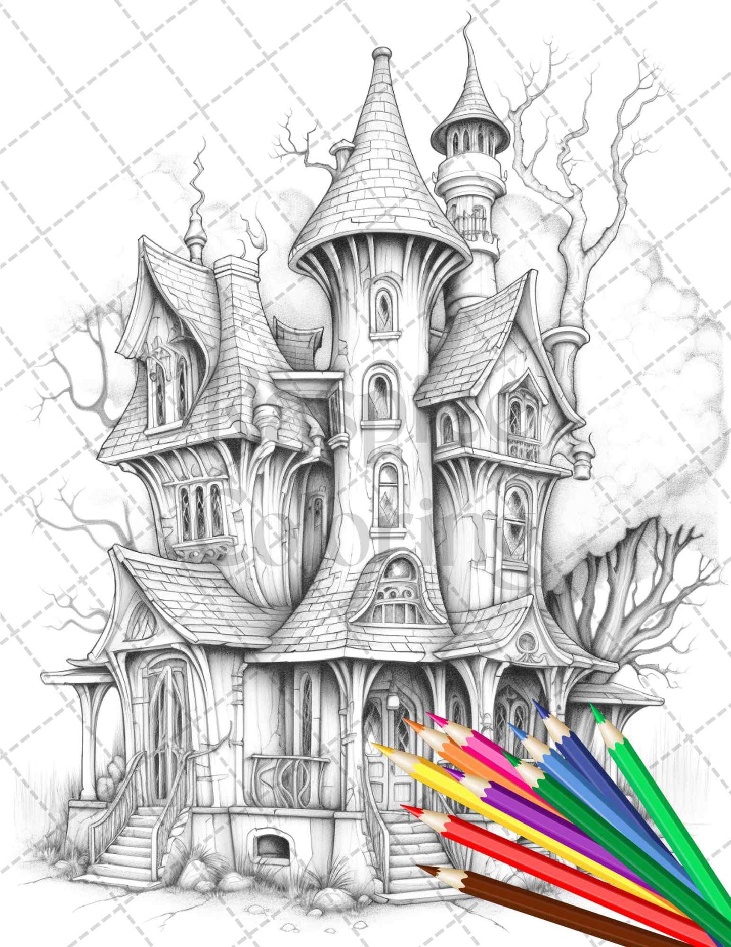 40 Creepy Gothic Houses Grayscale Coloring Pages Printable for Adults, PDF File Instant Download