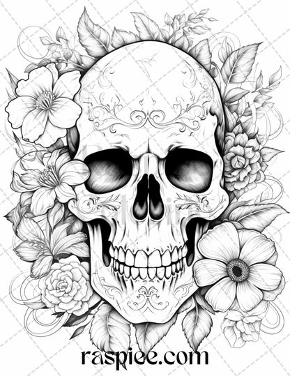 42 Floral Skull Grayscale Coloring Pages for Adults, Stress Relief Coloring Sheets, Printable PDF File Instant Download