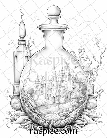 40 Mystical Magic Potions Grayscale Coloring Pages Printable for Adults, PDF File Instant Download