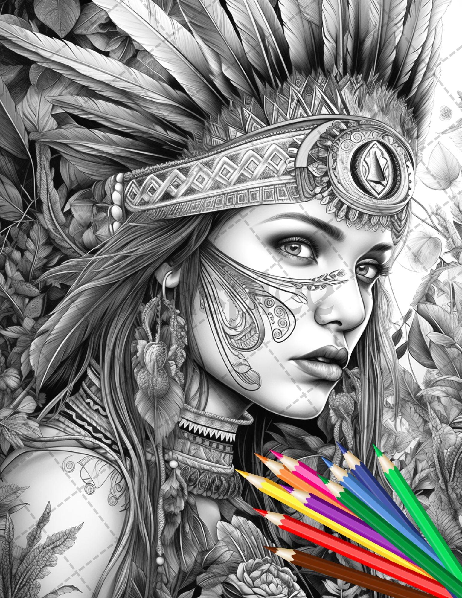 30 Native American Girls Printable Coloring Pages for Adult, Native American Culture Grayscale Coloring Book, Printable PDF File Download