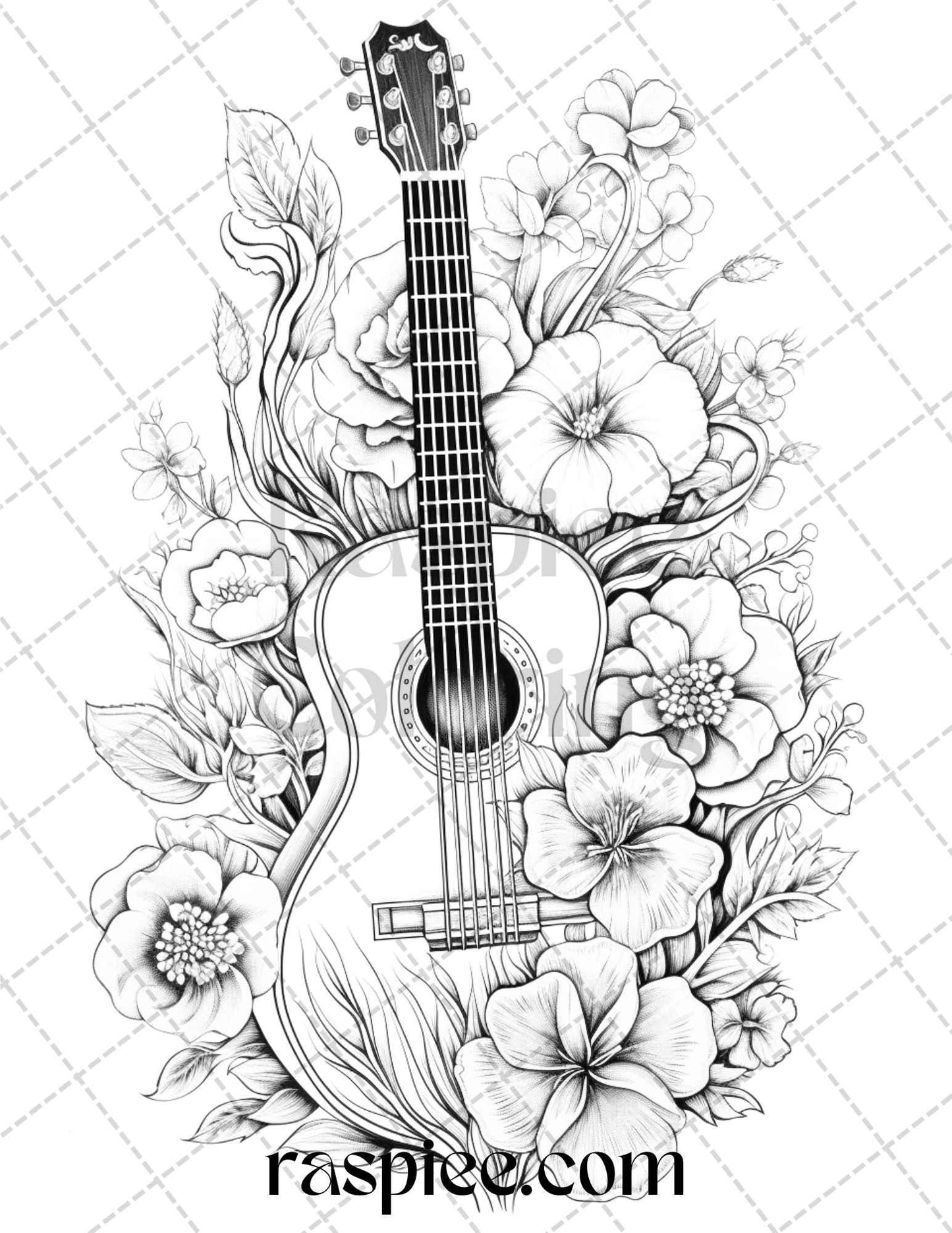 30 Musical Instrument Flower Grayscale Coloring Pages Printable for Adults, PDF File Instant Download